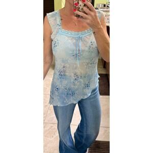 Wild Cat blue floral Vintage Y2K boho ruffle large semi sheer asymmetrical